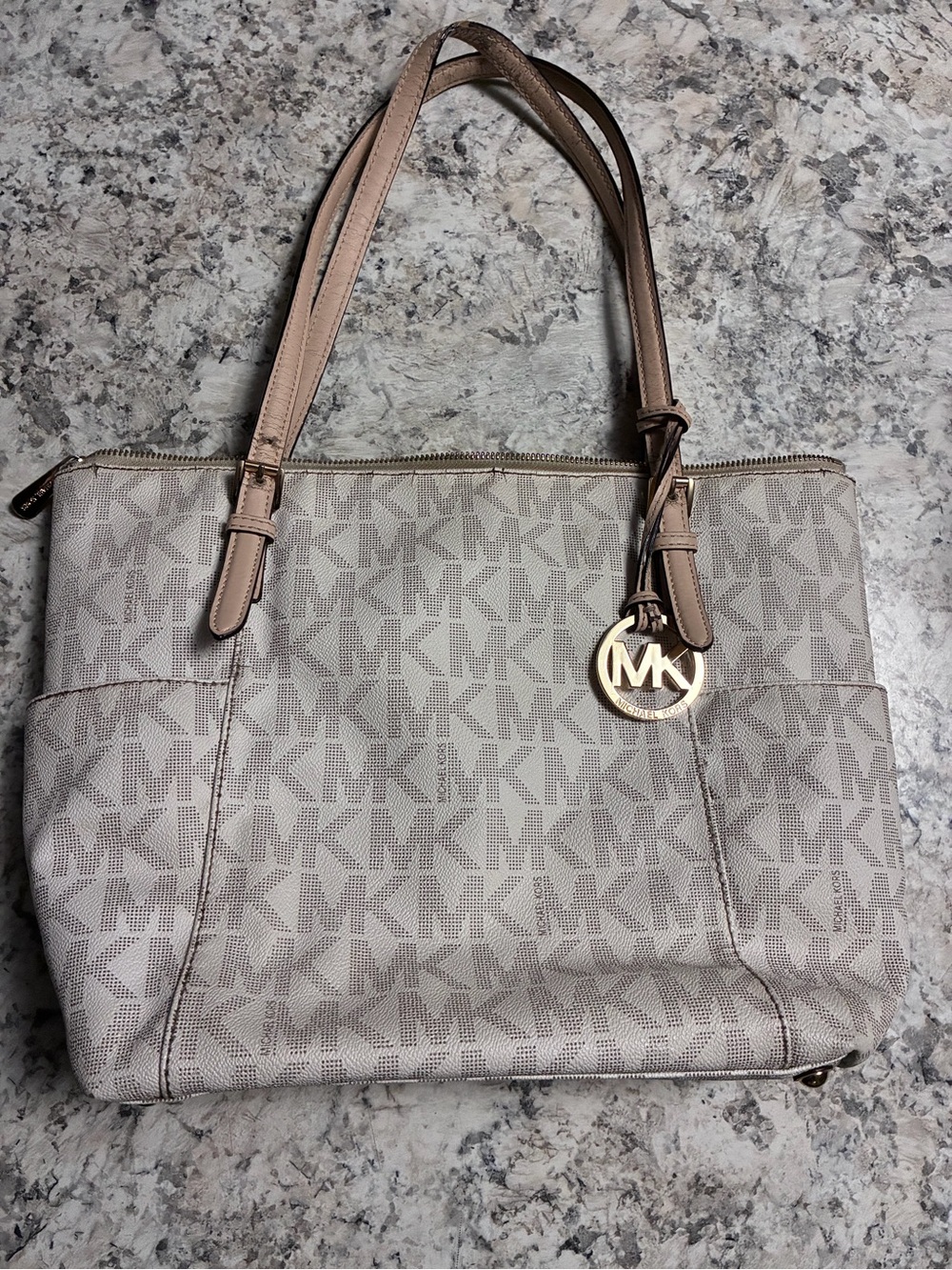 Michael Kors Beige/Tan MK Logo Tote with Gold Charm